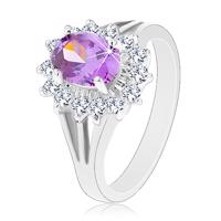 Błyszczący pierścionek srebrnego koloru, fioletowy owal, cyrkoniowa oprawa - Rozmiar : 57