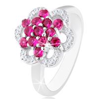 Błyszczący pierścionek, srebro 925, lśniące ramiona, kwiat z różowych i przezroczystych cyrkonii - Rozmiar : 59