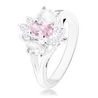 Błyszczący pierścionek w srebrnym odcieniu, rozdzielone ramiona, różowo-przezroczysty kwiat - Rozmiar : 49