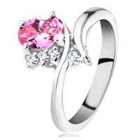 Błyszczący pierścionek z zakrzywionymi ramionami, różowa owalna cyrkonia, przezroczyste cyrkonie - Rozmiar : 57