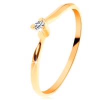 Błyszczący pierścionek z żółtego 14K złota - przezroczysty wyszlifowany diament, cienkie ramiona - Rozmiar : 58