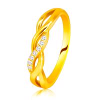 Błyszczący pierścionek z żółtego 14K złota - splecione fale, cyrkoniowa linia - Rozmiar : 52