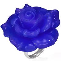 Błyszczący stalowy pierścionek - niebieska róża z żywicy - Rozmiar : 55