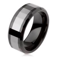 Błyszczący wolframowy pierścionek, dwukolorowy, geometryczna szlifowana powierzchnia - Rozmiar : 64