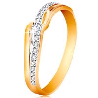 Błyszczący złoty pierścionek 585 - bezbarwna cyrkonia między końcami ramion, cyrkoniowa fala - Rozmiar : 49