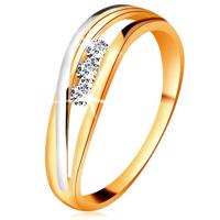 Brylantowy pierścionek z 14K złota, faliste dwukolorowe linie ramion, trzy przezroczyste diamenty  - Rozmiar : 53