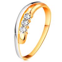 Brylantowy pierścionek z 18K złota, faliste dwukolorowe linie ramion, trzy bezbarwne diamenty - Rozmiar : 61