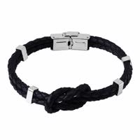 Czarna skórzana bransoletka - węzeł z dwóch warkoczy, metalowe klipsy, zapięcie zegarkowe