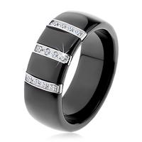 Czarny ceramiczny pierścionek o gładkiej powierzchni, trzy stalowe pasy z cyrkoniami - Rozmiar : 62