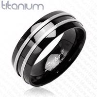 Czarny pierścionek z tytanu - dwa cienkie srebrne pasy - Rozmiar : 52