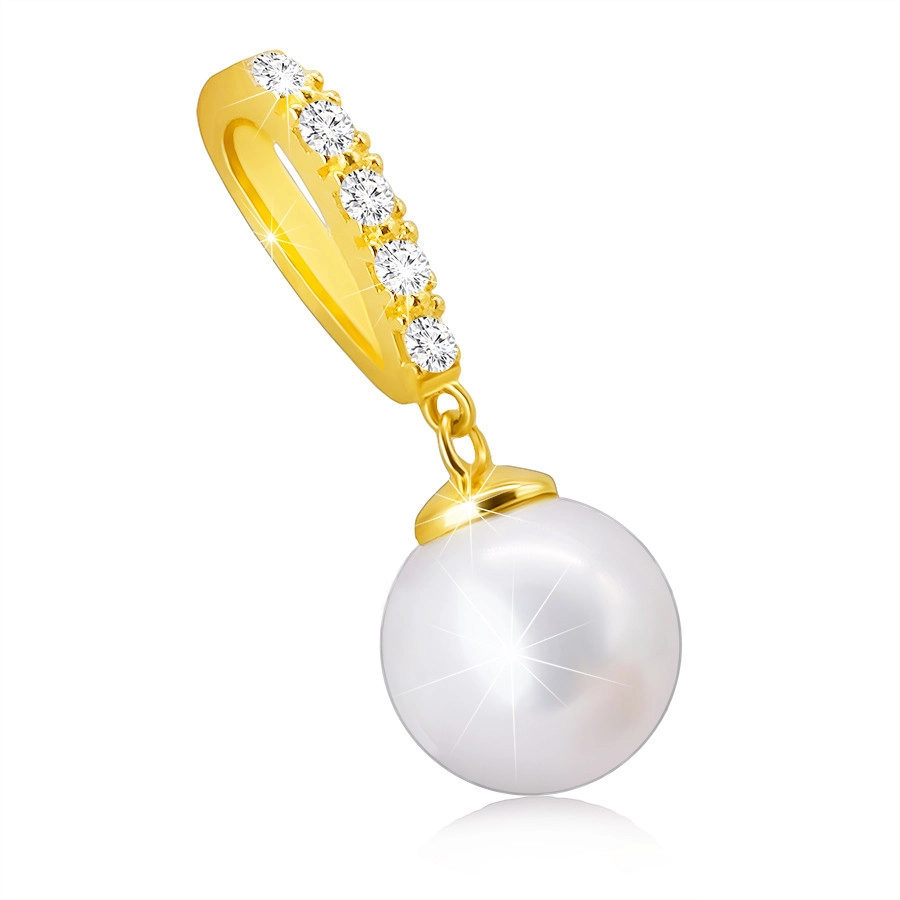 Diamentowa zawieszka z żółtego 14K złota - biała perła słodkowodna na oczku, przezroczyste brylanty