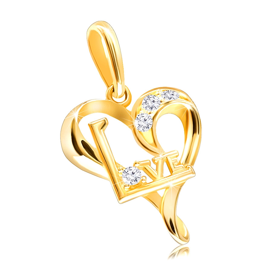 Diamentowa zawieszka z żółtego 375 złota - linie małego serca, przezroczyste brylanty, napis "LOVE"