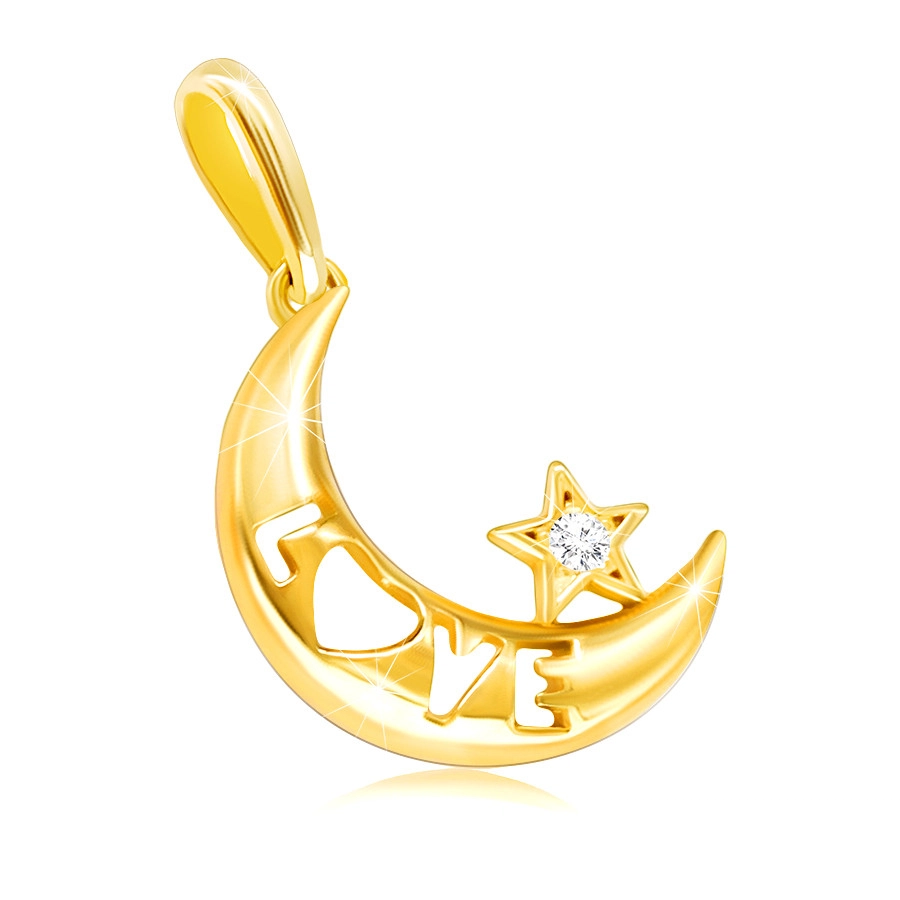 Diamentowa zawieszka z żółtego 9K złota - księżyc z napisem "LOVE", bezbarwny brylant, gwiazda