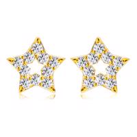Diamentowe kolczyki z żółtego złota 585 - zarys gwiazdy, okrągłe brylanty, sztyfty