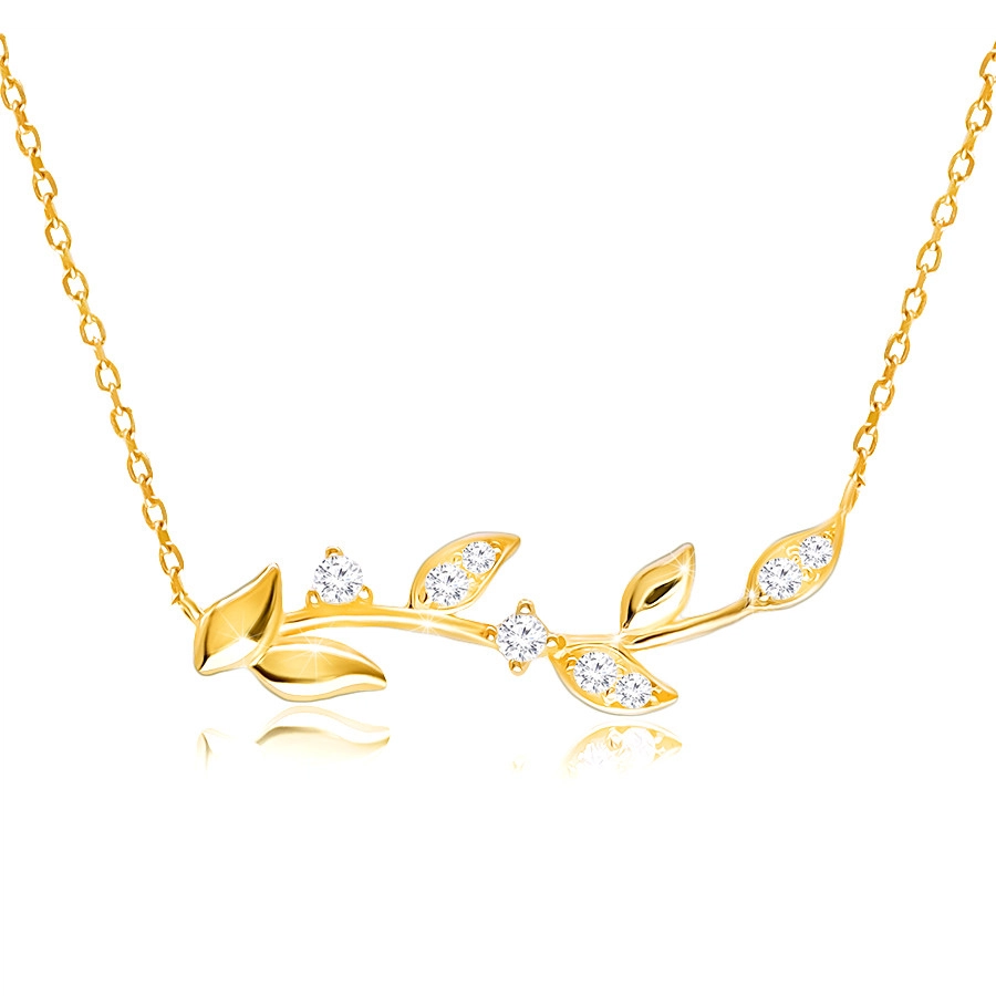 Diamentowy naszyjnik z żółtego 14K złota - łodyga z gładkimi i brylantowymi liśćmi