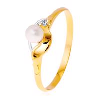 Diamentowy pierścionek z 14K złota, dwukolorowe fale, bezbarwny brylant i biała perła - Rozmiar : 49