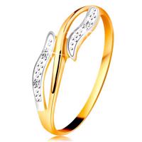 Diamentowy pierścionek z 14K złota, faliste dwukolorowe ramiona, trzy bezbarwne diamenty - Rozmiar : 54