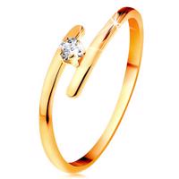 Diamentowy pierścionek z żółtego 14K złota - błyszczący bezbarwny brylant, cienkie przedłużone ramiona - Rozmiar : 50