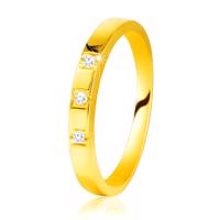 Diamentowy pierścionek z żółtego 585 złota - lśniące ramiona, trzy błyszczące brylanty - Rozmiar : 51
