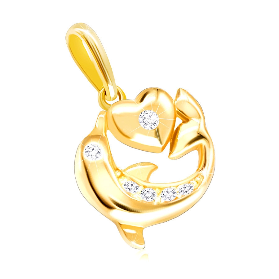 Diamentowy wisiorek z żółtego złota 585 - delfin z płetwą, gładkie serce, bezbarwne brylanty