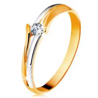 Diamentowy złoty pierścionek 585, błyszczący bezbarwny brylant, rozdzielone dwukolorowe ramiona - Rozmiar : 48