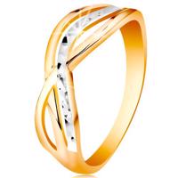Dwukolorowy pierścionek ze złota 585 - faliste i rozgałezione linie ramion, nacięcia - Rozmiar : 52
