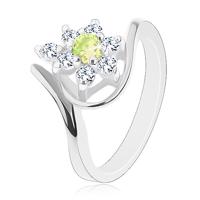 Lśniący pierścionek srebrnego koloru, cyrkoniowy kwiatek z żółtozielonym środkiem - Rozmiar : 49