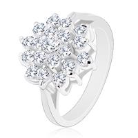 Lśniący pierścionek srebrnego koloru, duży kwiat z okrągłych przezroczystych cyrkonii - Rozmiar : 60