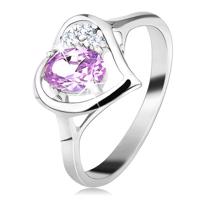 Lśniący pierścionek srebrnego koloru z zarysem serca, jasnofioletowa owalna cyrkonia - Rozmiar : 62