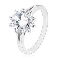 Lśniący pierścionek w srebrnym odcieniu, cyrkoniowy owalny kwiatek bezbarwnego koloru - Rozmiar : 55