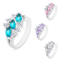 Lśniący pierścionek w srebrnym odcieniu, trzy cyrkoniowe ziarnka, bezbarwne cyrkonie - Rozmiar : 50, Kolor: Aqua niebieski