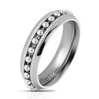 Lśniący stalowy pierścionek srebrnego koloru, łańcuszek z kuleczek, karbowane linie, 6 mm - Rozmiar : 68