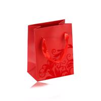 Mała papierowa torebeczka na prezenty, matowa powierzchnia w czerwonym odcieniu, aksamitna ozdoba