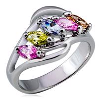 Metalowy pierścionek, rozgałęzione ramiona z kolorowymi cyrkoniami w rzędzie - Rozmiar : 59