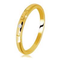 Obrączka z żółtego złota 585 - pierścionek z wygrawerowanym napisem "LOVE", okrągła cyrkonia - Rozmiar : 52
