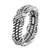 Patynowany srebrny pierścionek 925, motyw skręconej liny, krzyżyki z cyrkoniami - Rozmiar : 48
