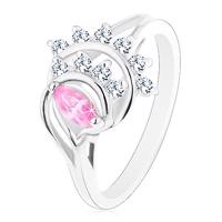 Pierścionek srebrnego koloru, różowe ziarnko, łuki z przezroczystych cyrkonii - Rozmiar : 55