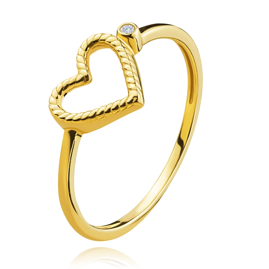 Pierścionek z żółtego złota 585 - karbowane serce, okrągła cyrkonia - Rozmiar : 54