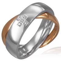 Podwójny stalowy pierścionek - cyrkoniowy krzyż, złoty i srebrny - Rozmiar : 54