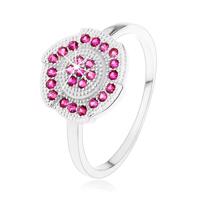 Srebrny pierścionek 925, grawerowany kwiatek ozdobiony różowymi cyrkoniami - Rozmiar : 57