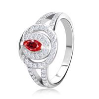 Srebrny pierścionek 925, masywna ozdoba - przezroczysta cyrkoniowa obręcz z czerwonym cyrkoniowym ziarnem, podwójne ramiona - Rozmiar : 54