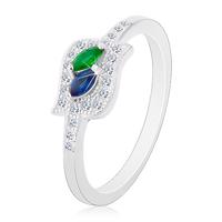 Srebrny pierścionek 925, niebieskie i zielone ziarenko w bezbarwnym konturze, rodowany - Rozmiar : 64
