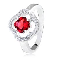 Srebrny pierścionek 925, oszlifowany czerwony kamień, przeźroczyste cyrkonie, kwiat - Rozmiar : 59