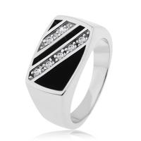 Srebrny pierścionek 925, prostokąt - ukośne pasy z przezroczystych cyrkonii, czarna emalia - Rozmiar : 54