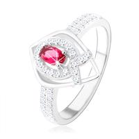 Srebrny pierścionek 925, zarys spiczastej łzy, różowa cyrkonia, linia w kształcie "V" - Rozmiar : 60