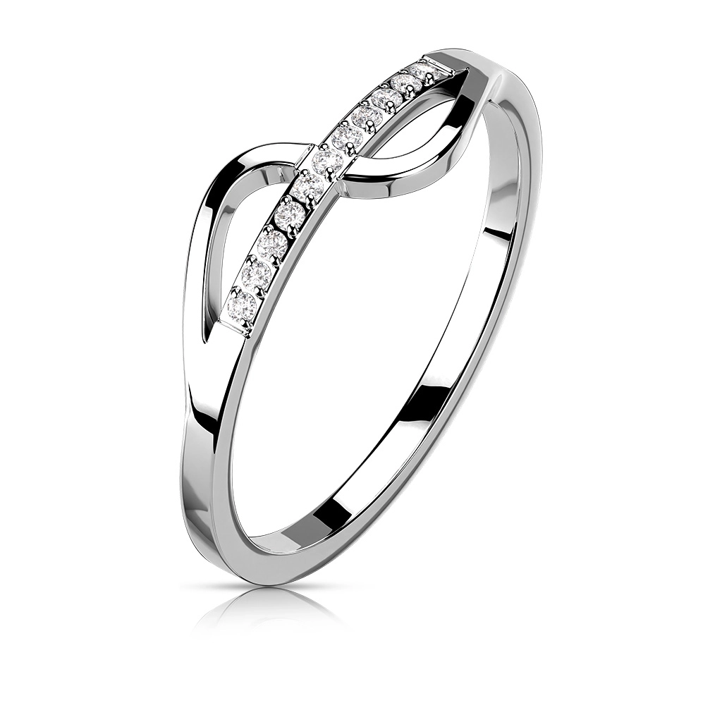 Stalowy 316L pierścionek srebrnego koloru - cyrkoniowa linia z gładką falą - Rozmiar : 49