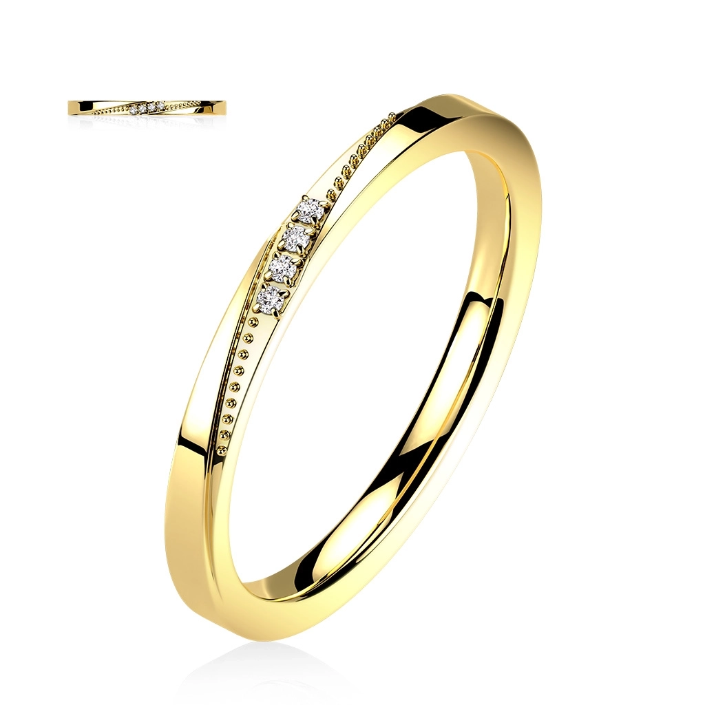 Stalowy 316L pierścionek w kolorze złotym - ukośnie osadzone przezroczyste cyrkonie, kropki - Rozmiar : 49