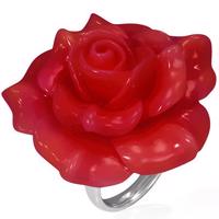 Stalowy pierścionek - czerwona rozkwitnięta róża, żywica - Rozmiar : 56