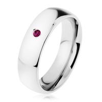 Stalowy pierścionek, lustrzany połysk, fioletowa cyrkonia, gładkie ramiona - Rozmiar : 59