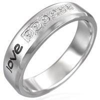 Stalowy pierścionek - napis "love", sześć cyrkonii - Rozmiar : 54